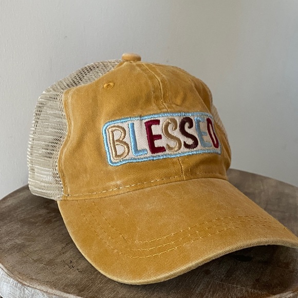 None Accessories - Blessed Embroidered Patch Tan and Cream Women's Trucker SnapBack Hat